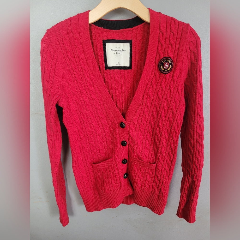 Y2K Abercrombie & Fitch Women's Red Cardigan Preppy Academia